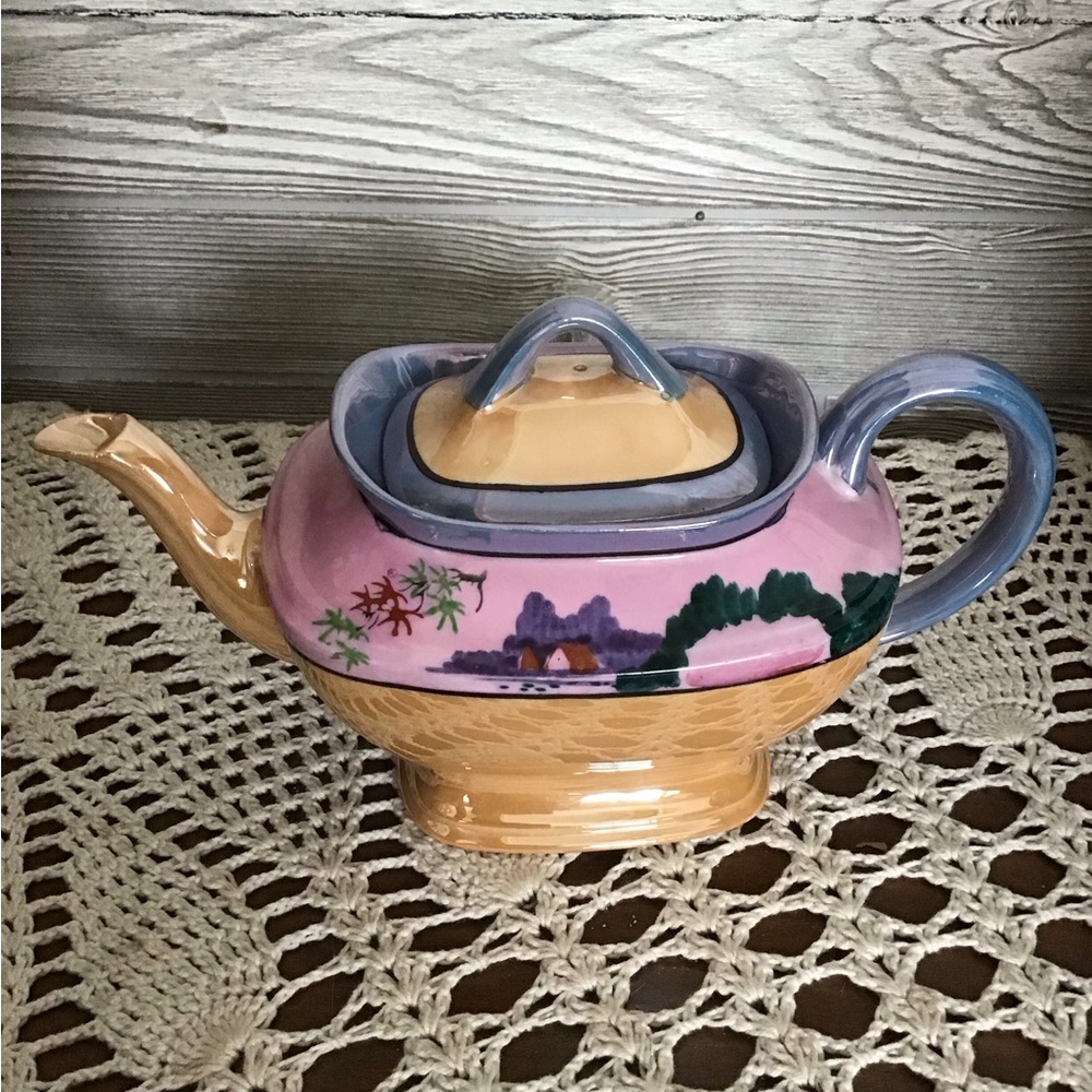 Vintage Lusterware Hand-Painted Porcelain Teapot with Lid